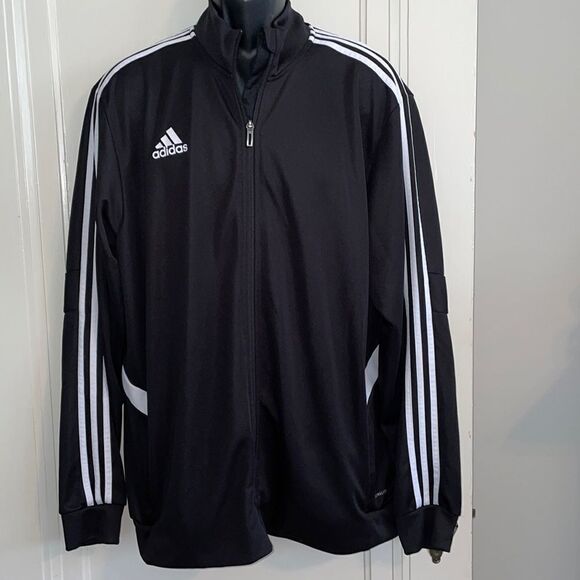 Adidas black knit polyester track jacket with the 3 white stripes on sleeves - Picture 1 of 9